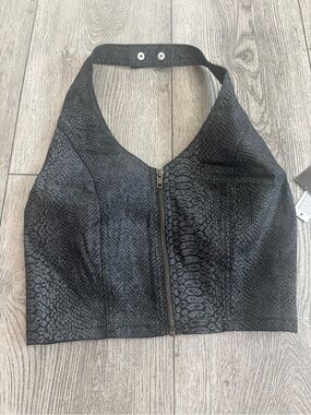 Bold elements Faux Snakeskin Black Halter Zip-Front Crop Top